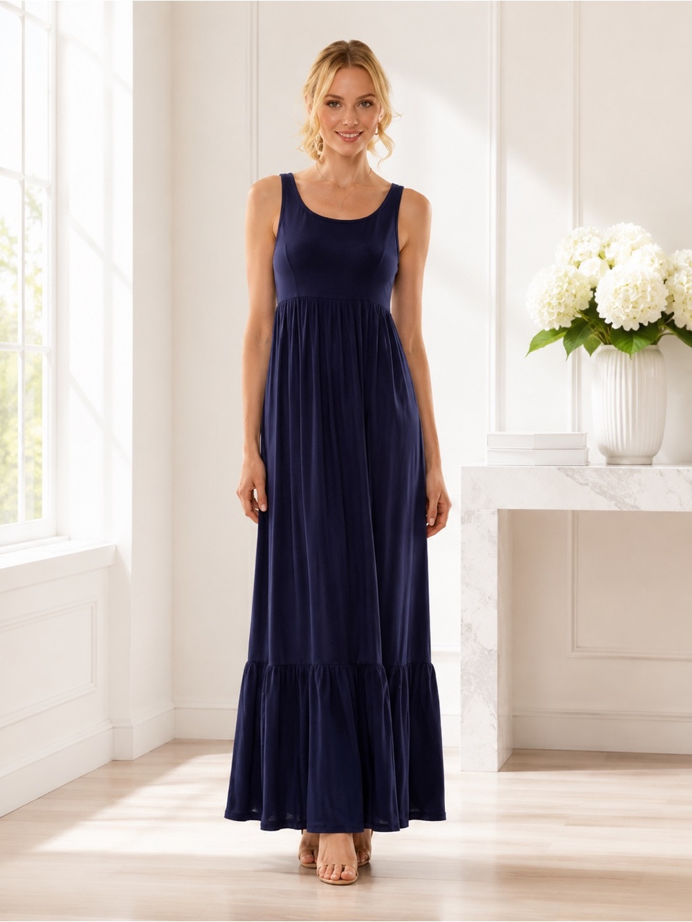 LC Lauren Conrad Navy Blue Maxi Dress Sleeveless Tiered Ruffle Boho NWT 8